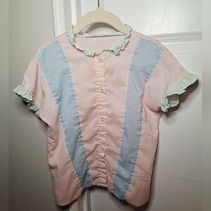 Vintage 80s 🌸🩵Pretty Pastel Blouse with Flower Buttons (3T/4T)